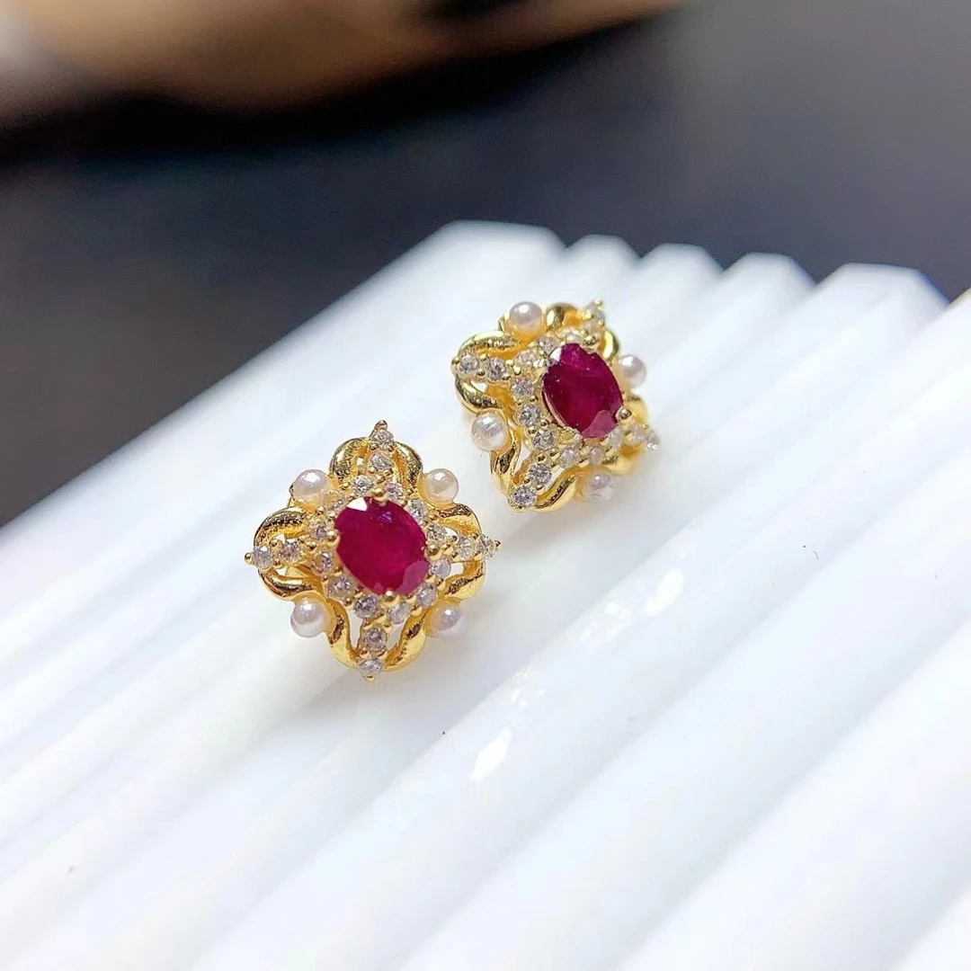 

Vintage Style 925 Silver Ruby Earrings Allergy Free 18K Gold Plated Natural Ruby Stud Earrings Birthday Gift for Woman