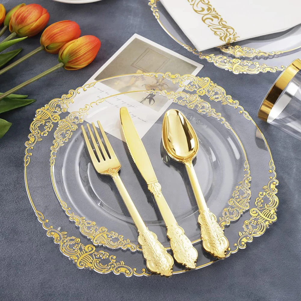 25 Pieces Gold Plastic Plates Disposable Dinner Plates Elegant