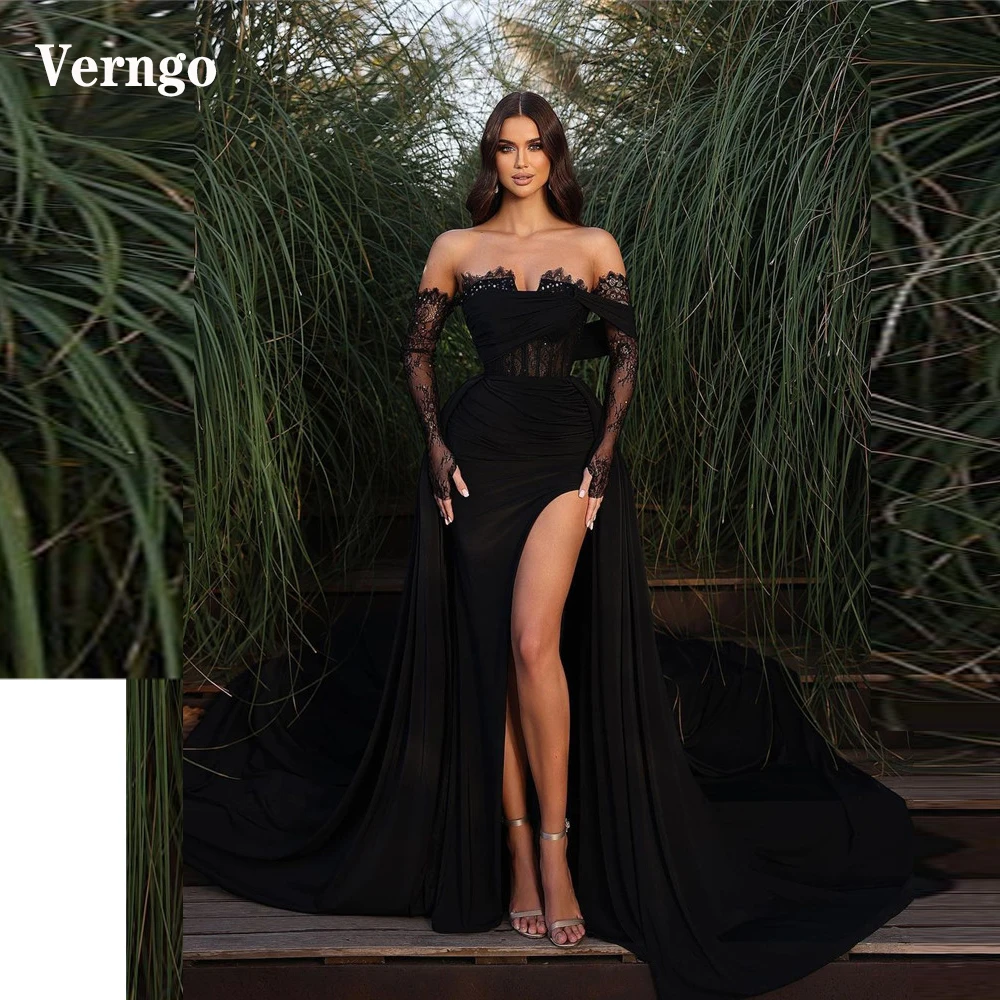 

Verngo Modern Black Sexy Sweetheart High Split Prom Dresses Sweeheart Of the Shoulder Lace Long Sleeves 100 cm Evening Gowns
