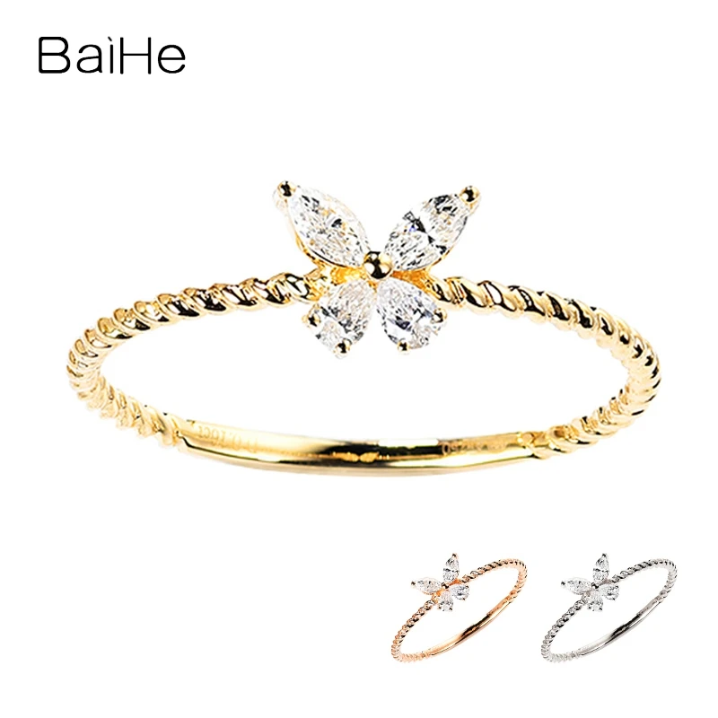 

BAIHE однотонное 14K желтое золото 0.16ct H/SI натуральное бриллиантовое кольцо с бабочкой женское свадебное изысканное ювелирное изделие производство