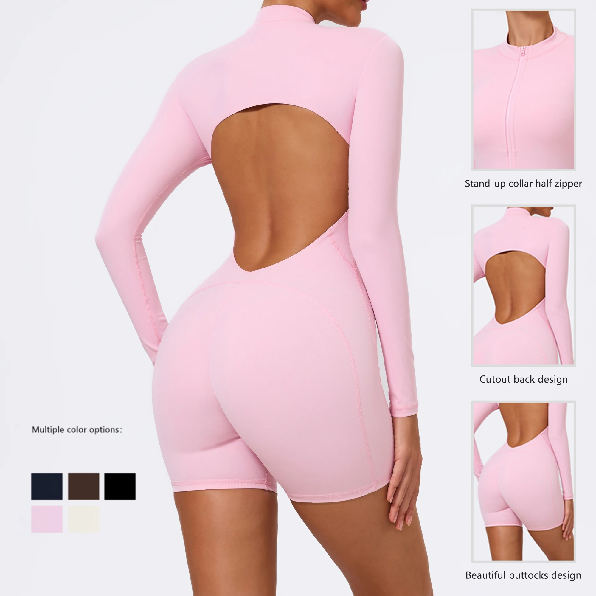 Hearuisavy Women's Yoga Jumpsuit Long Sleeve Zip Front Open Back Romper Workout One Piece Shorts Bodysuit Gym Fitness Activewear - תמונה 5