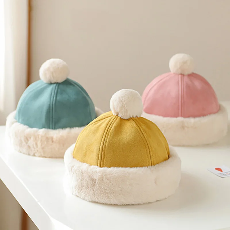 Faux Fur Winter Hat Baby Boys Warm Beanie Cap Cute Pompom Girls Bucket Hats Fashion Landlord Caps Toddler Kids Accessories 6-36M