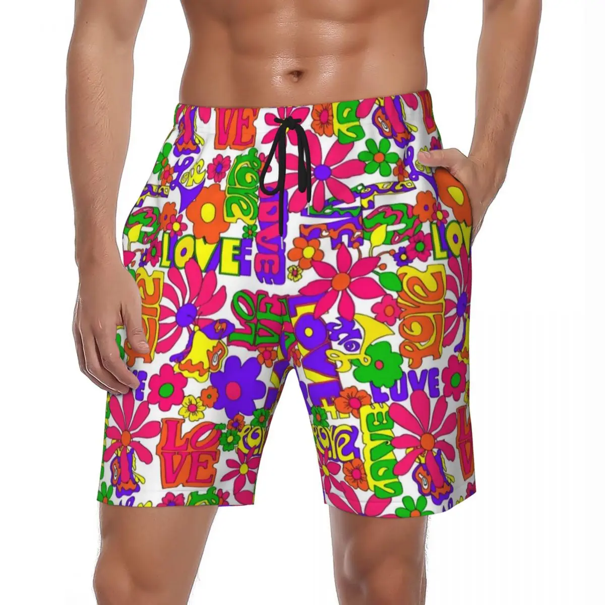 

Vintage Peace 60S Board Shorts Summer Floral Print Sportswear Beach Short Pants Men Comfortable Casual Plus Size Swim Trunks