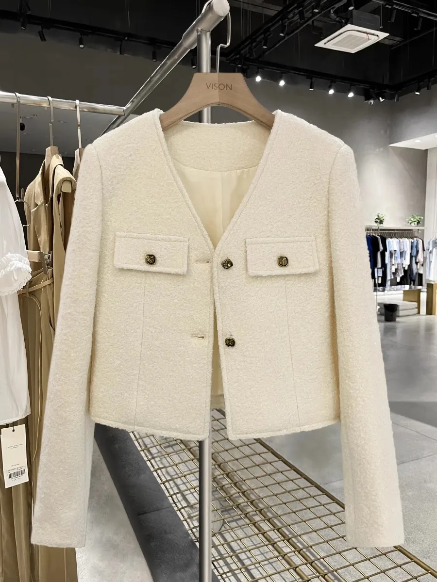 

Autumn and Winter Women's Casual Beige Long Sleeve Single Breasted V-neck Blazer Coat Jacket 2023