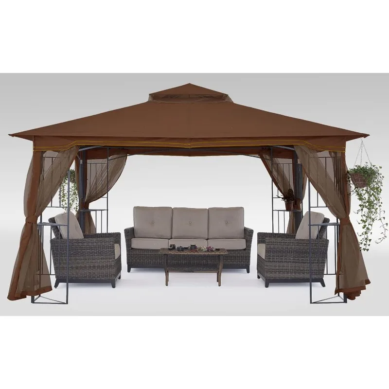 

MASTERCANOPY Patio Outdoor Gazebo with Netting Screen Walls and Corner Shelf Design (11x13,Brown)