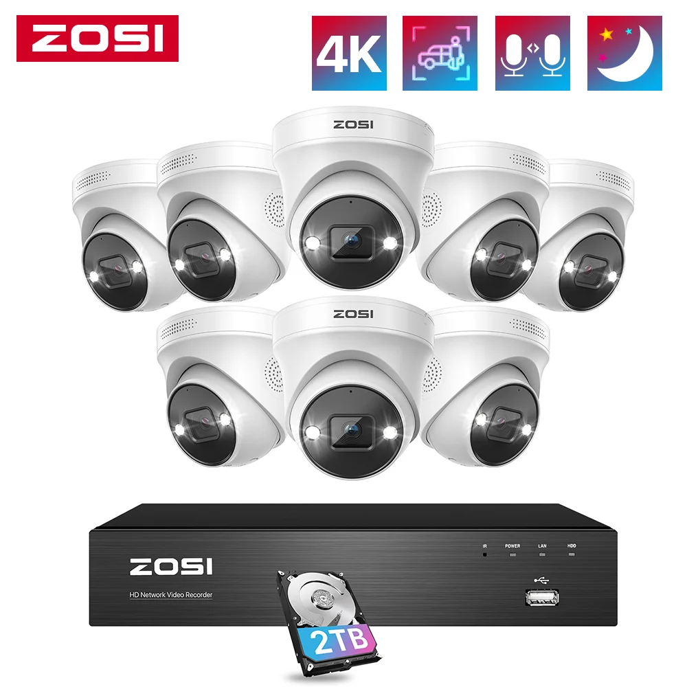 Security Camera ZOSI 4K PoE Video Surveillance Cameras System 8 Ports 16CH 8MP CCTV NVR Person/Vehicle Detect 8MP/5MP Out/Indoor Security IP Cam