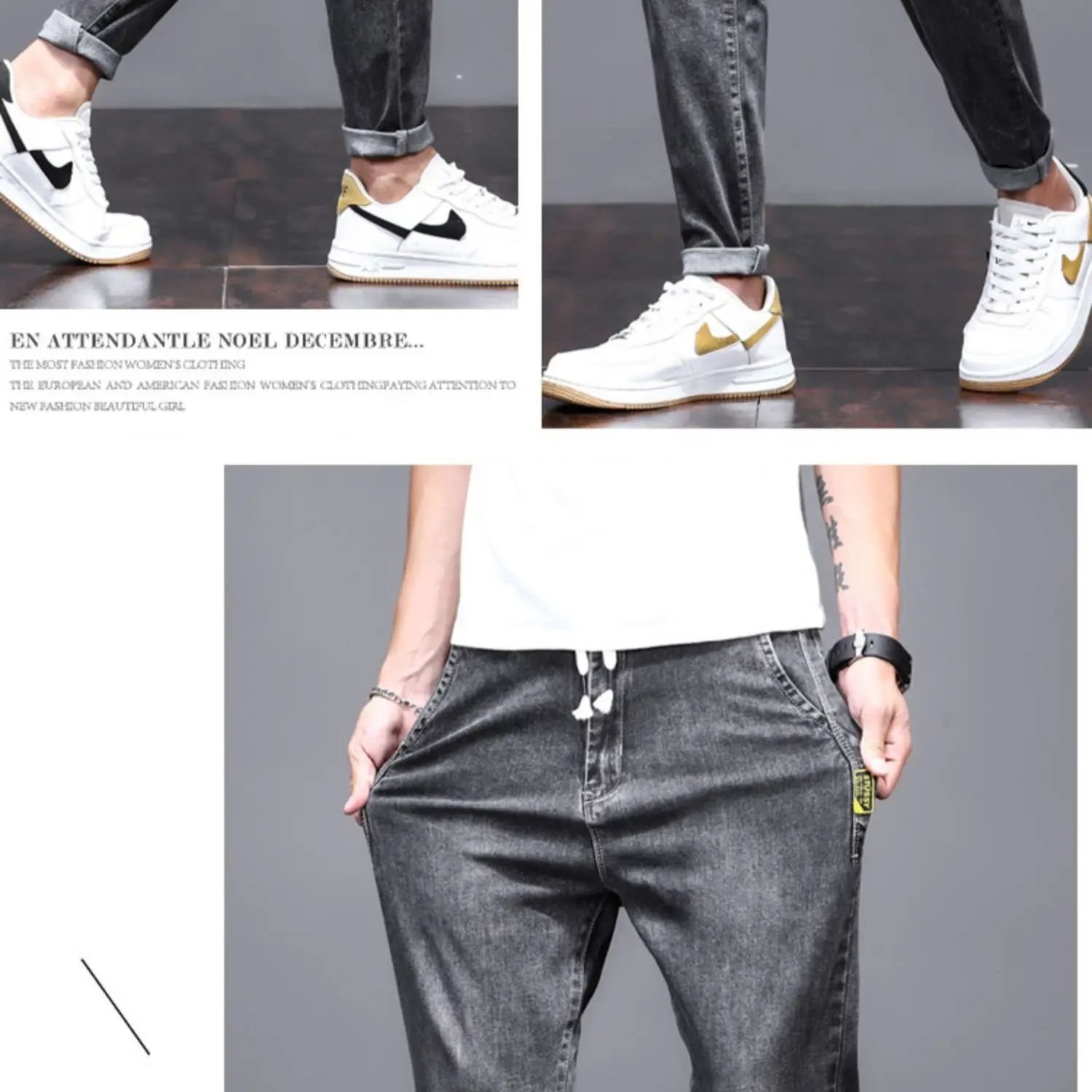 Jeans Men Summer Loose Embroidered Feet Harlan Casual Bundle Long Pants Trendy Brand Thin High Elastic Boys Match Stitching 2023