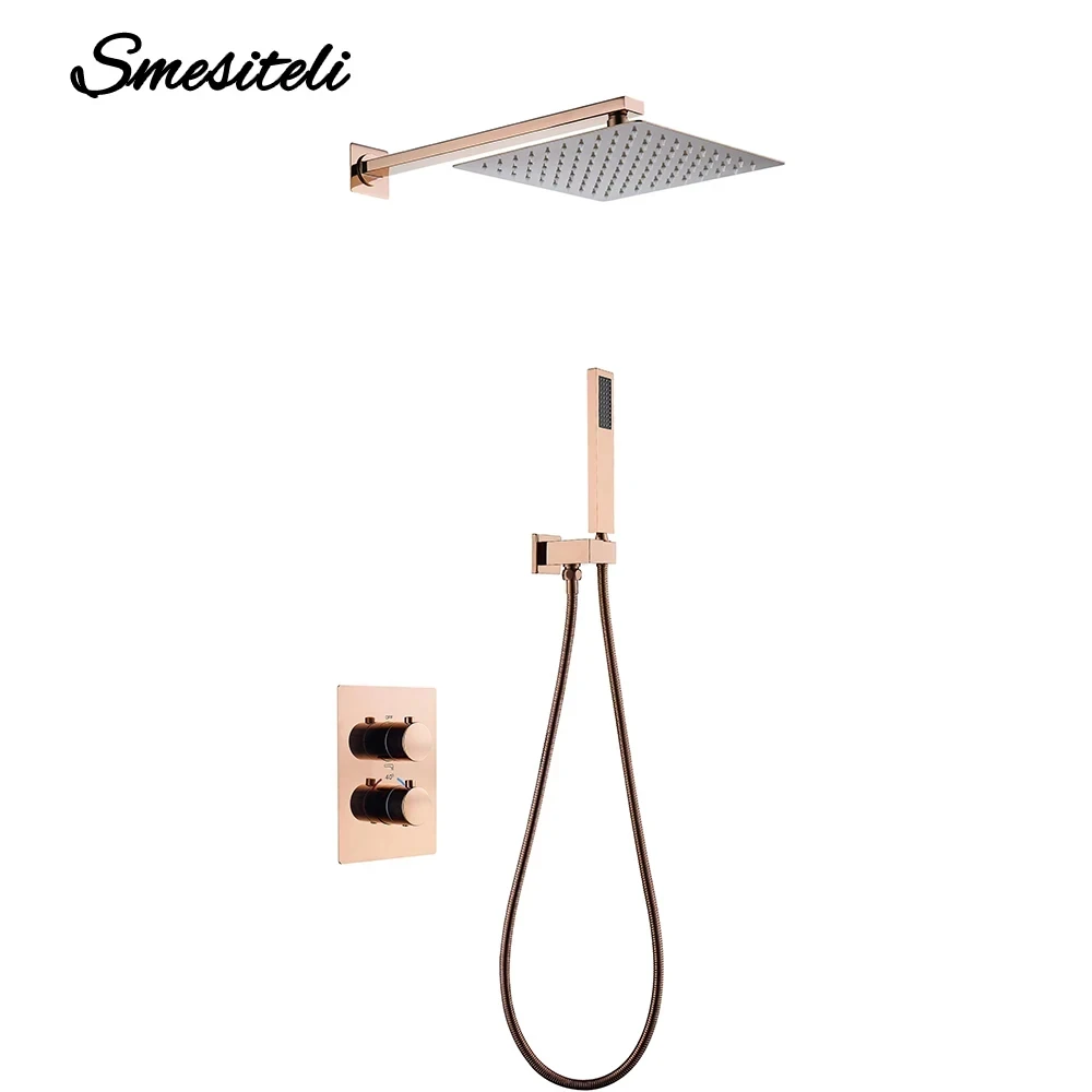8-16 Inch Thermostatic Shower Faucet 2 Mode Control Hot & Cold Rose Gold Shower Mixer Square Shower Head Wall Mounted System 2