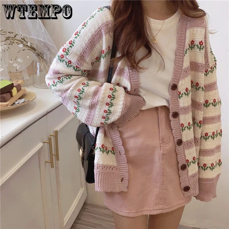 

WTEMPO Knitted Single Breasted Cardigans Women Flower Spring Fall Hollow Out Sweet Loose Korean Chic Versatile Jacquard Sweaters