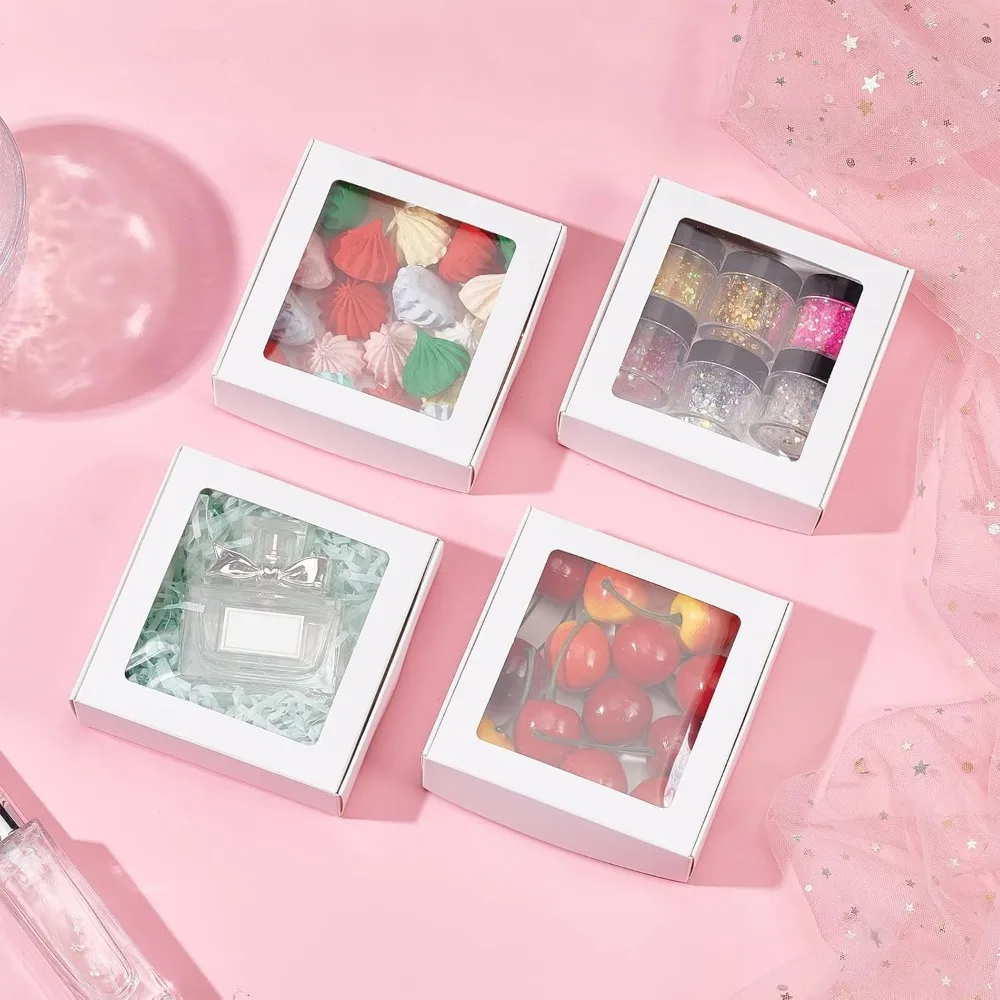 Clear PVC Square Window Gift Boxes White Kraft Paper Present Packing Boxes for Party Favor Treats Cookies Small Gifts or Crafts