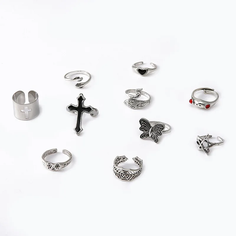 LATS Vintage Silver Plated Cross Ring For Women Gothic Punk Steampunk Crying Face Butterfly Frog Ring Sets Party Fashion Jewelry