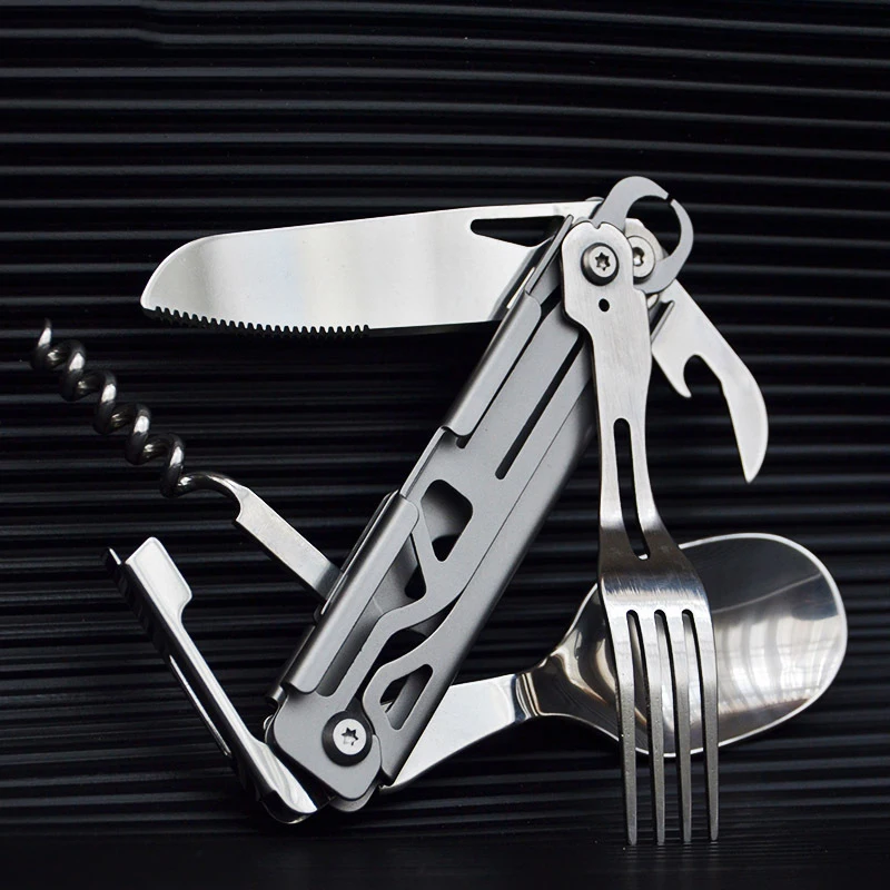 Multipurpose Knife Outdoor Camping Picnic Cutlery Travel Portable Folding Knife Fork Spoon Combination Wine Bottle Opener