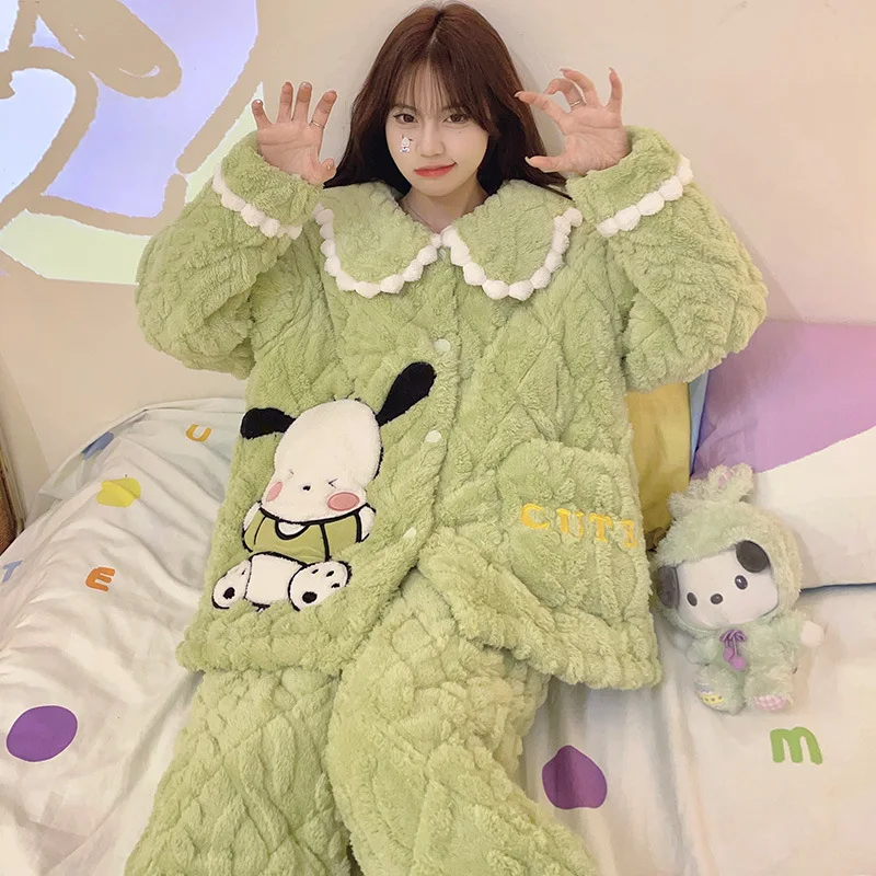 

Winter New Sanrio Kuromi Cinnamoroll Pajamas Women's Three Layer Cotton Clip Thick Cartoon Cute Flannel Home Fur