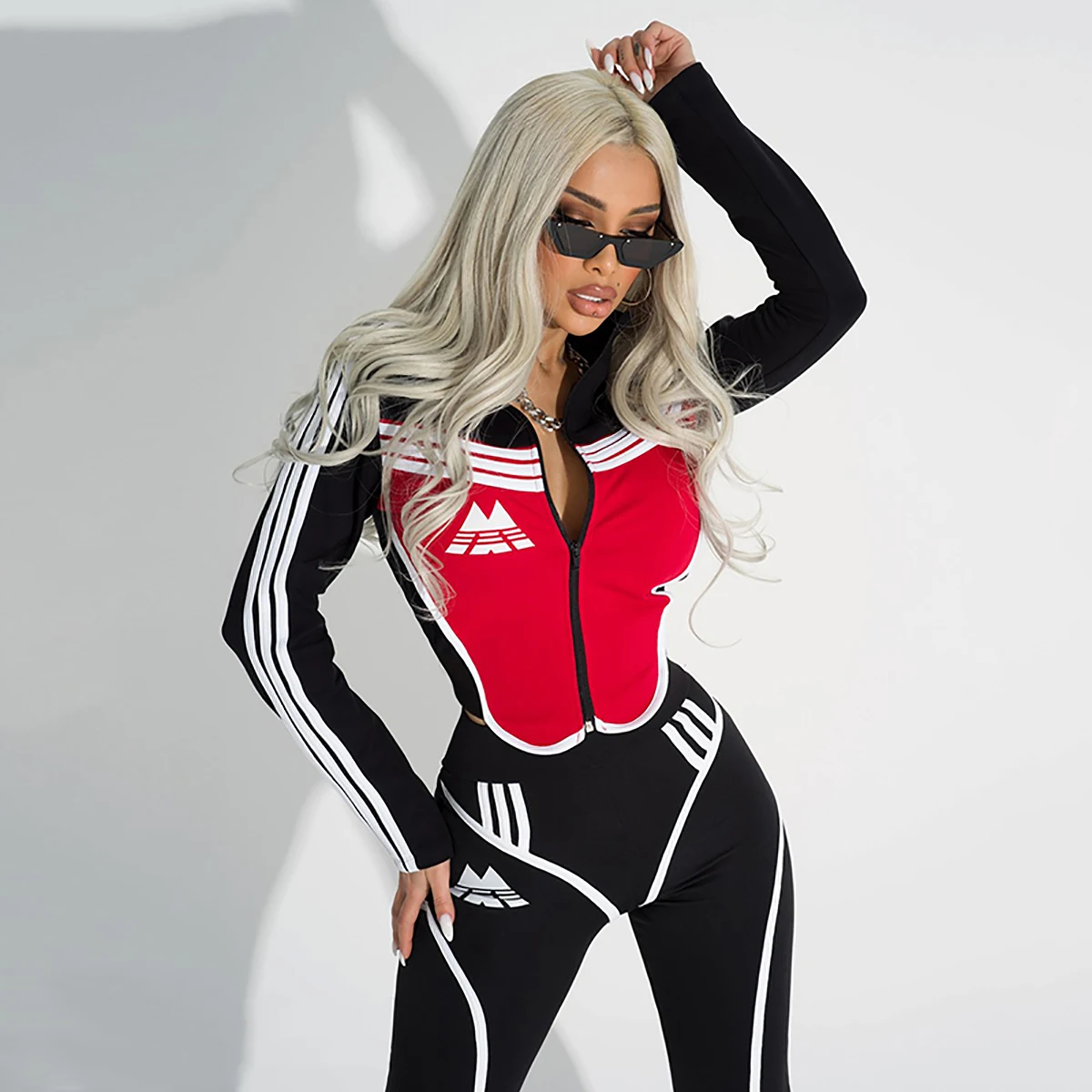 Oshoplive Female Fashion Sportswear Black and Red High Waist Slim Zipper Striped Color Block Sports Gym Yoga Suits for Women spring and autumn new leisure fashion sports knitted zipper cardigan leopard pattern color block top and pants two piece set