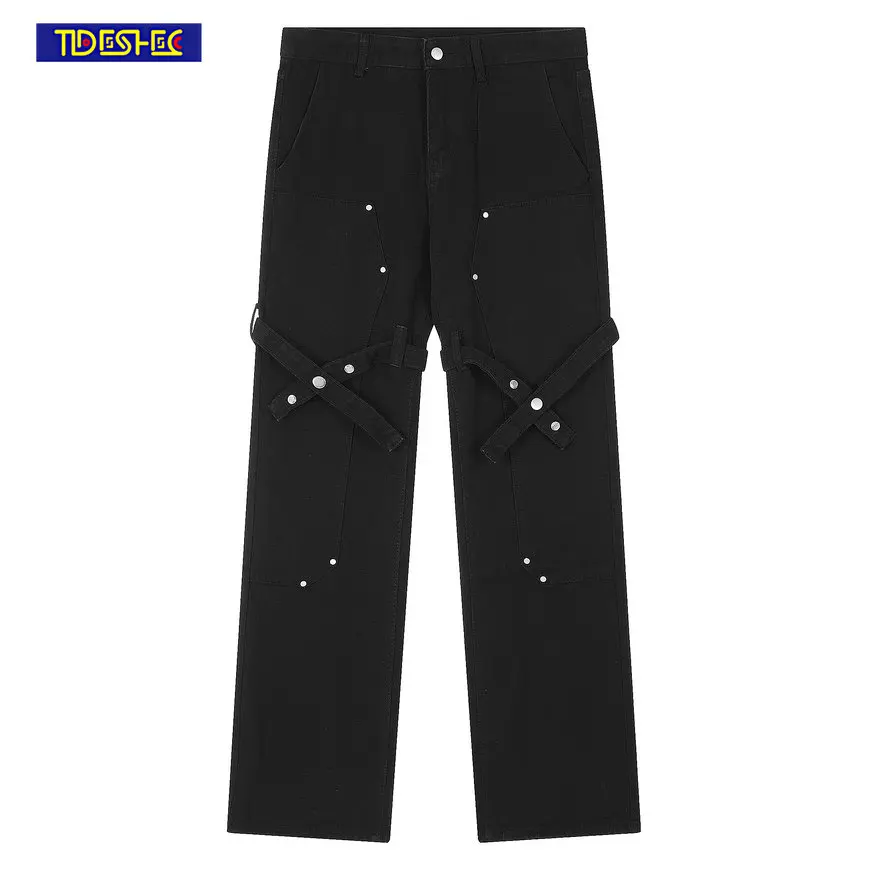 

Hip Hop American Street Style Unisex Denim Trousers Design Feeling Stud Beads Buttons Black Jeans Women Straight Loose Jeans
