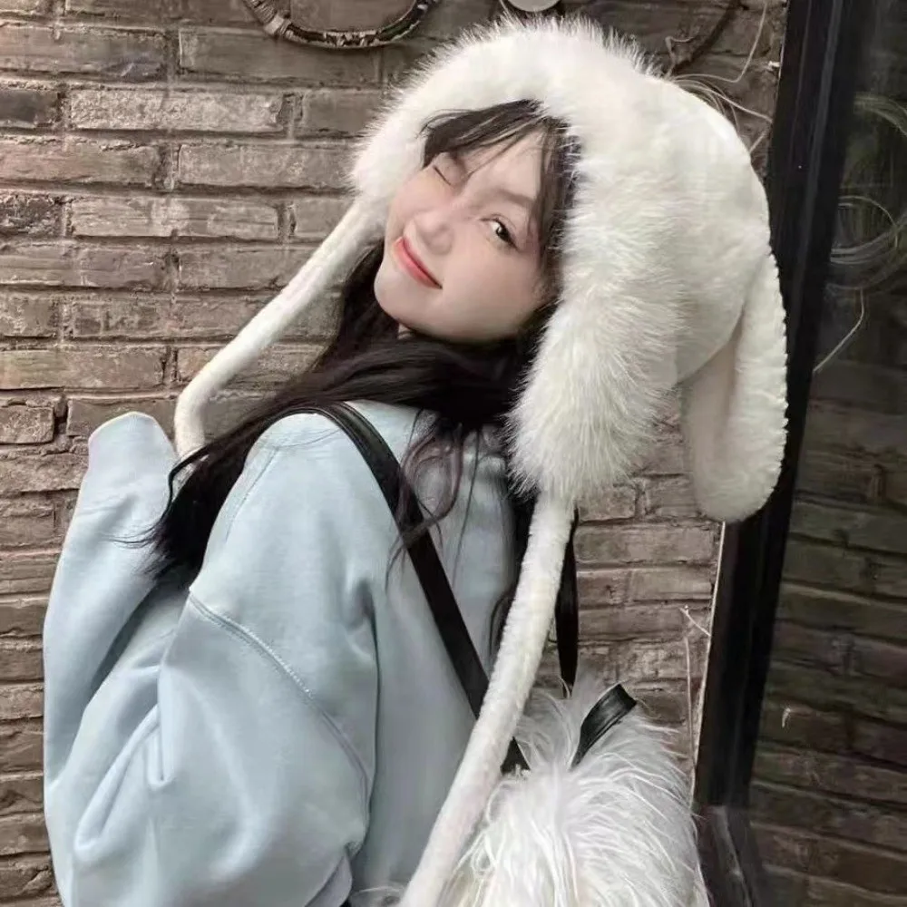Cute Warm Winter Hat Ear Protection Velvet Bear Ears Hat Lacing Rabbit Ear Woolen Bucket Hat Women