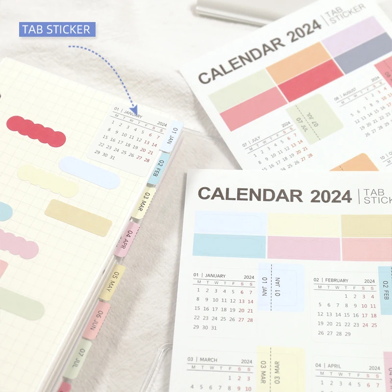 MyPretties 2023 2024 달력 탭 스티커 플래너, 월별 일정 마크, 의제 문구 스티커, N.1387, N.1451, 세트당 2 매