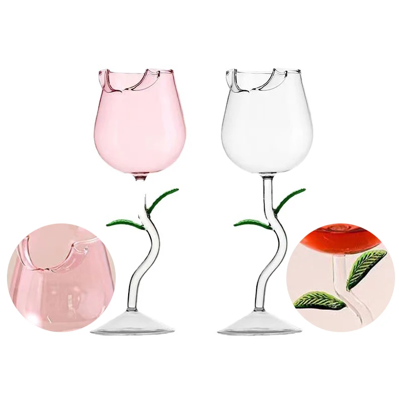 Elegant Rose-Shaped Wine Glasses with Colored Leaves