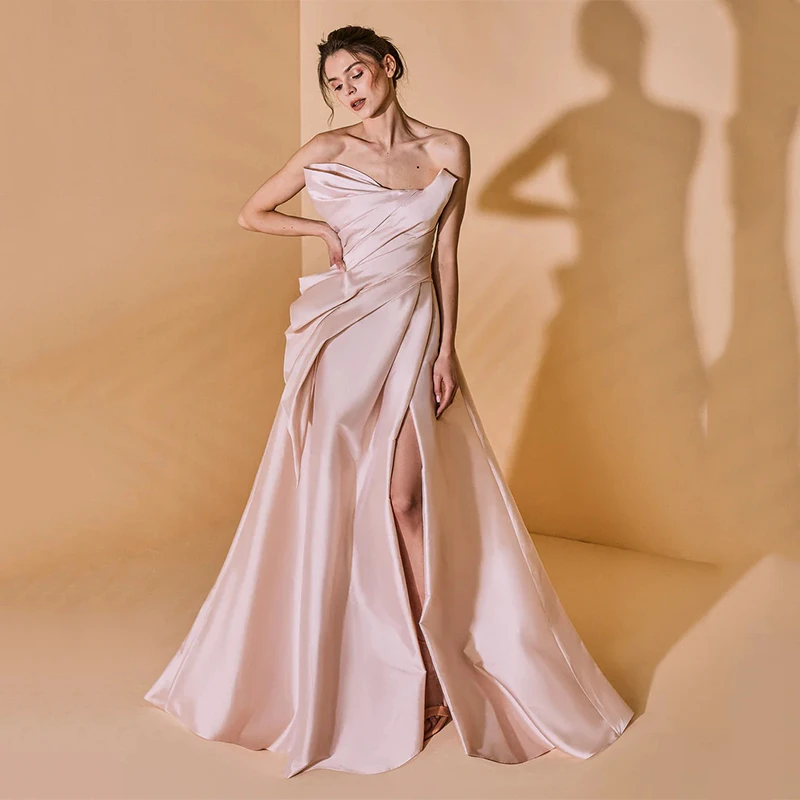 

UZN Elegant Mermaid Prom Dresses Asymmetrical Neck Satin Evening Dress Pleats Side Slit Saudi Arabia New Arrive Party Gowns