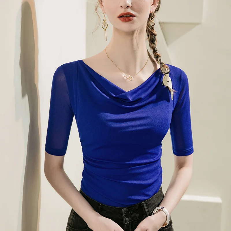 

HIgh Quality 2024 Women Tops Wrinkle Splice Spring Summer T-shirt Female Gauze Clothing Sexy Crop Top Clothes Casual Blouse Y2k