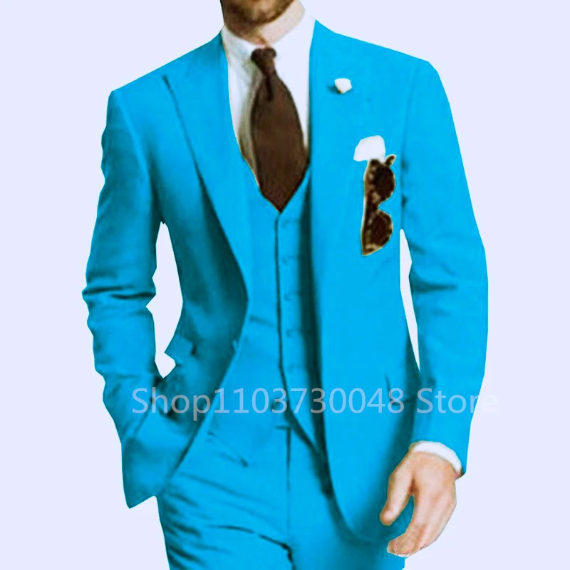 Solid Wedding Men's Suit Slim Fit Peak Lapel Formal Business Groom Tuxedos 3-Piece Two Buttons Jacket +Vest+Pants for Party Prom