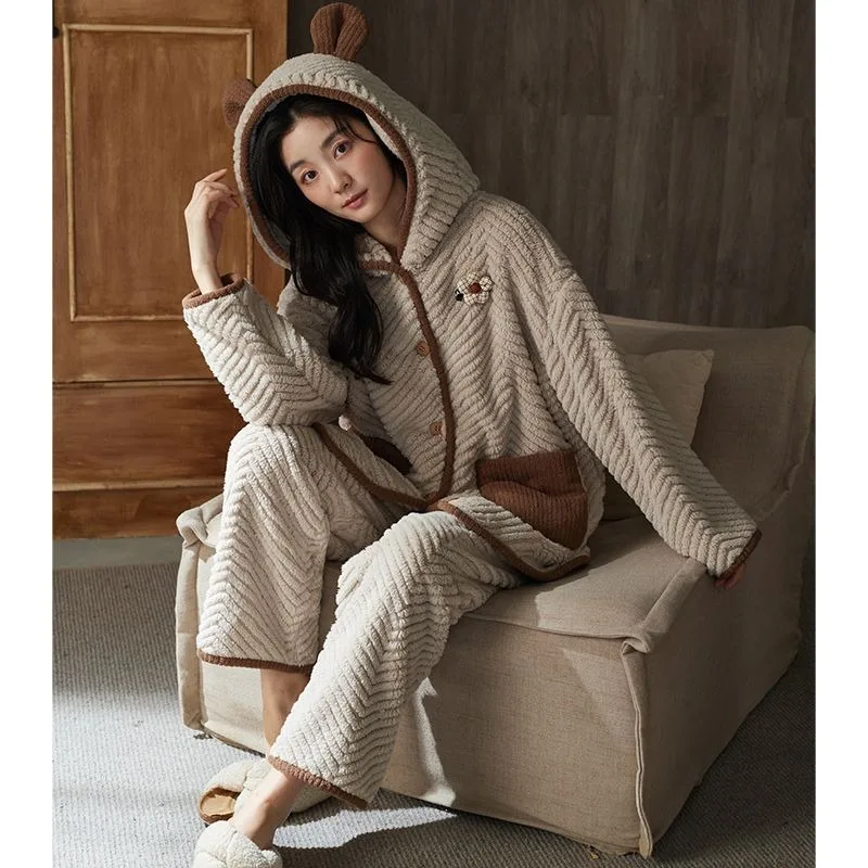 Winter New Women Coral Velvet Pajamas Fleece-lined Thickened Hooded Flower Female Homewear Suit Simple Soft Warm Nightclothes