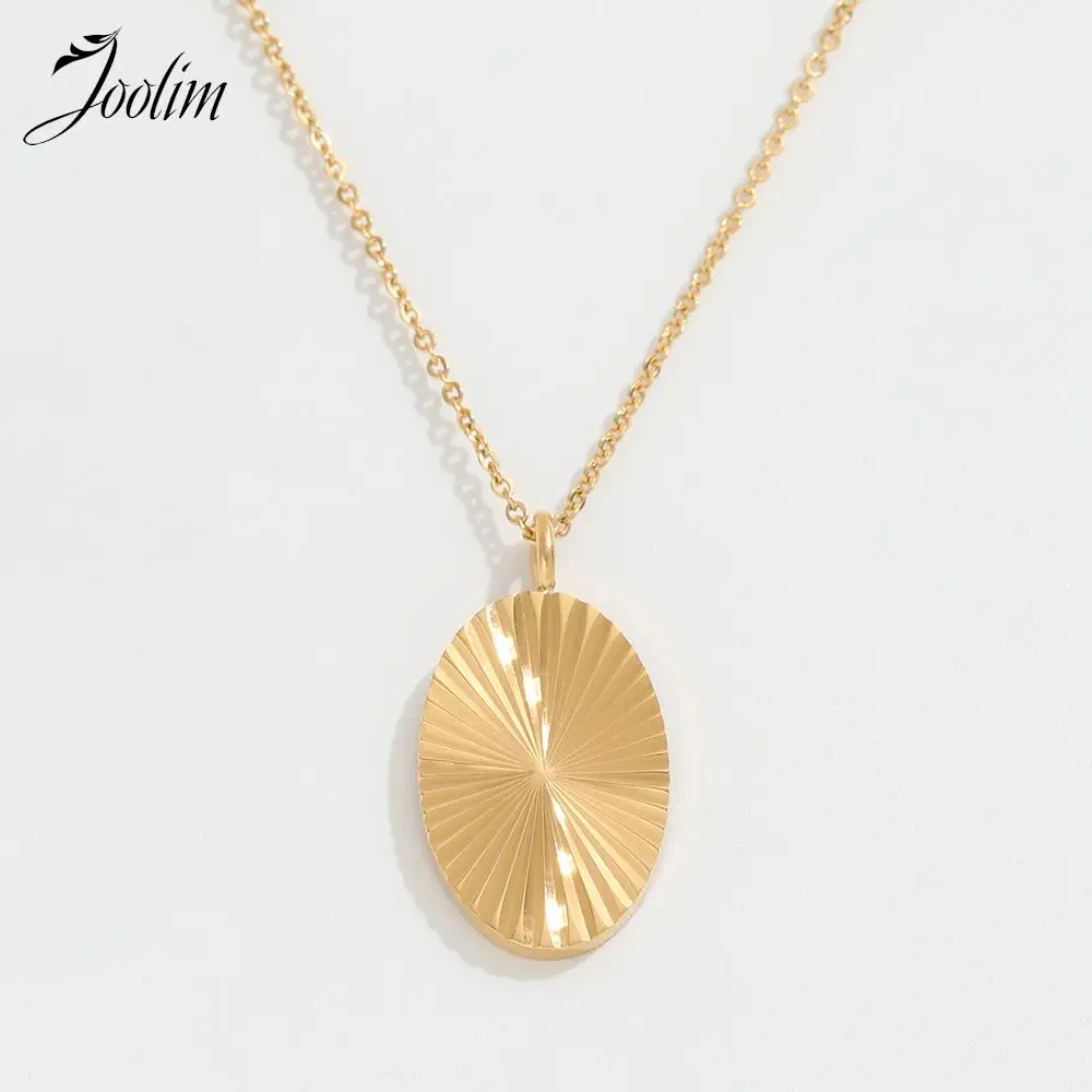 

Joolim Jewelry PVD Wholesale Waterproof Classic Oval Sun Burst Pendant Stainless Steel Necklace for Women
