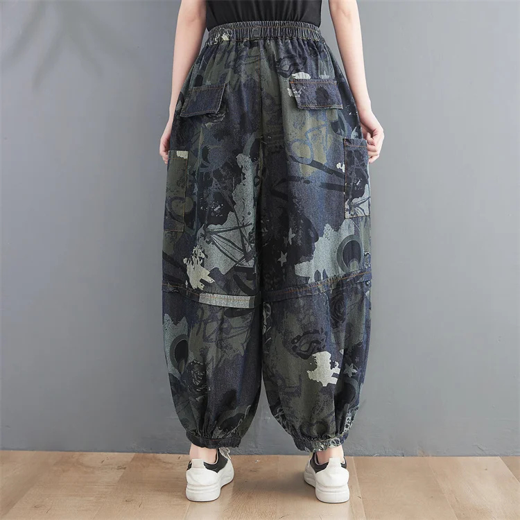 New Spring Autumn Retro Print Denim Jacket Women Elastic Waist Loose Casual Wide Leg Bloomers Female Punk Baggy Jeans Streetwear white jeans