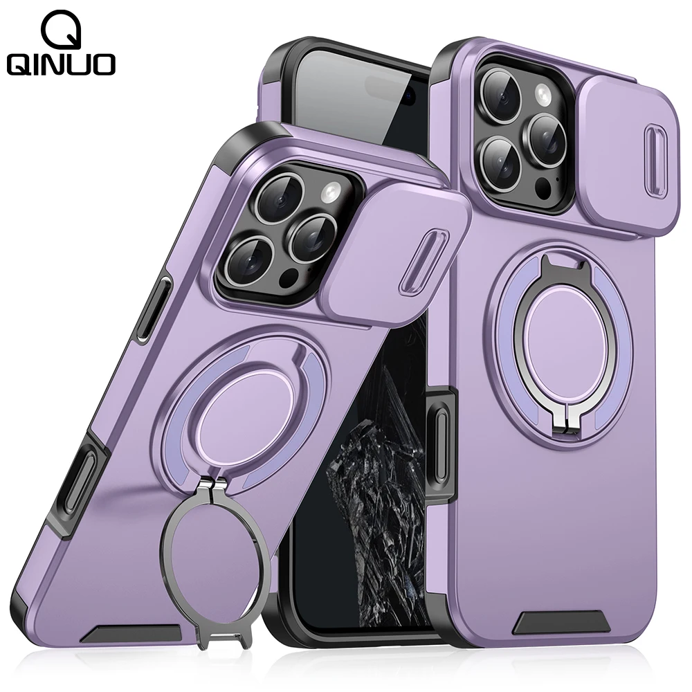 Heavy-Duty Armor Slide Camera Protection Case with Magnetic Rotating Ring Stand