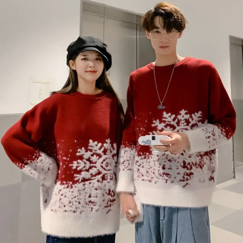 2023 New Round Neck Red Couple Christmas Sweater Soft Thick Snowflake Pattern Ins Vintage Loose Pullovers Men\'s Winter Sweater