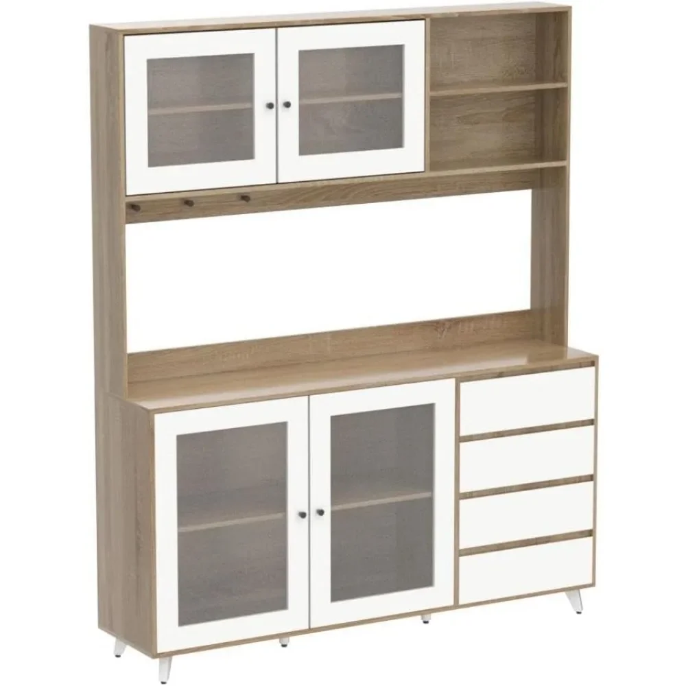 Kitchen Pantry Storage Cabinet, Shelves & Drawers, Modern Sideboard Buffet Cabinet, Wood Kitchen Cupboard with Hutch and Hooks 6