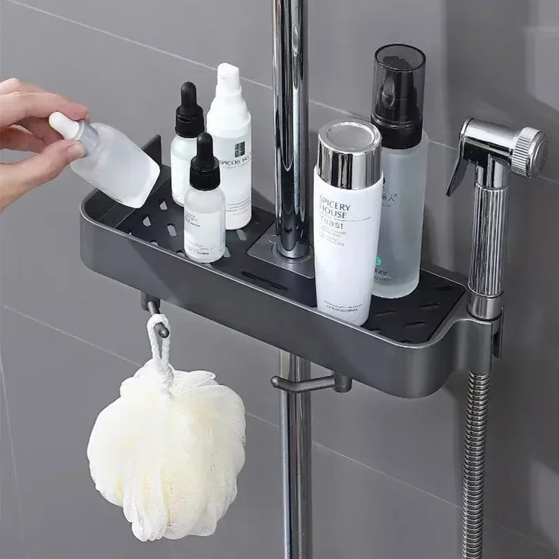 Shower Rack Storage Rack Household Bathroom Lifting Bracket Non-Punching Toilet Shower Rod Tray Storage Bathroom Accessories