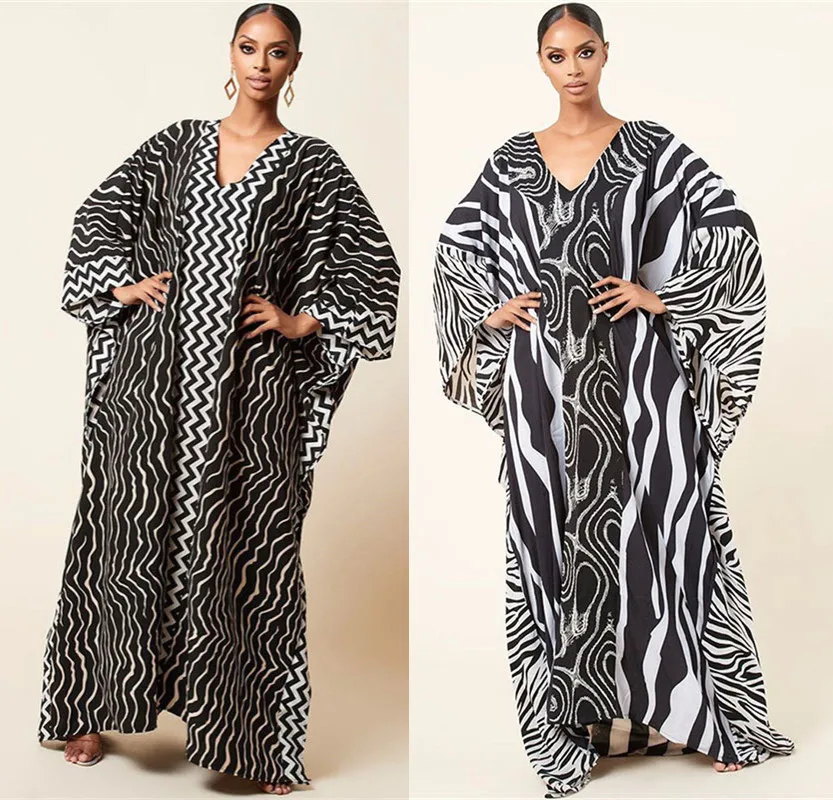 

Striped Batwing Sleeve Kaftan Loose V-Neck Kaftan Shirt Robe Women's Clothing Fashion Print Oversized Beach Abaya