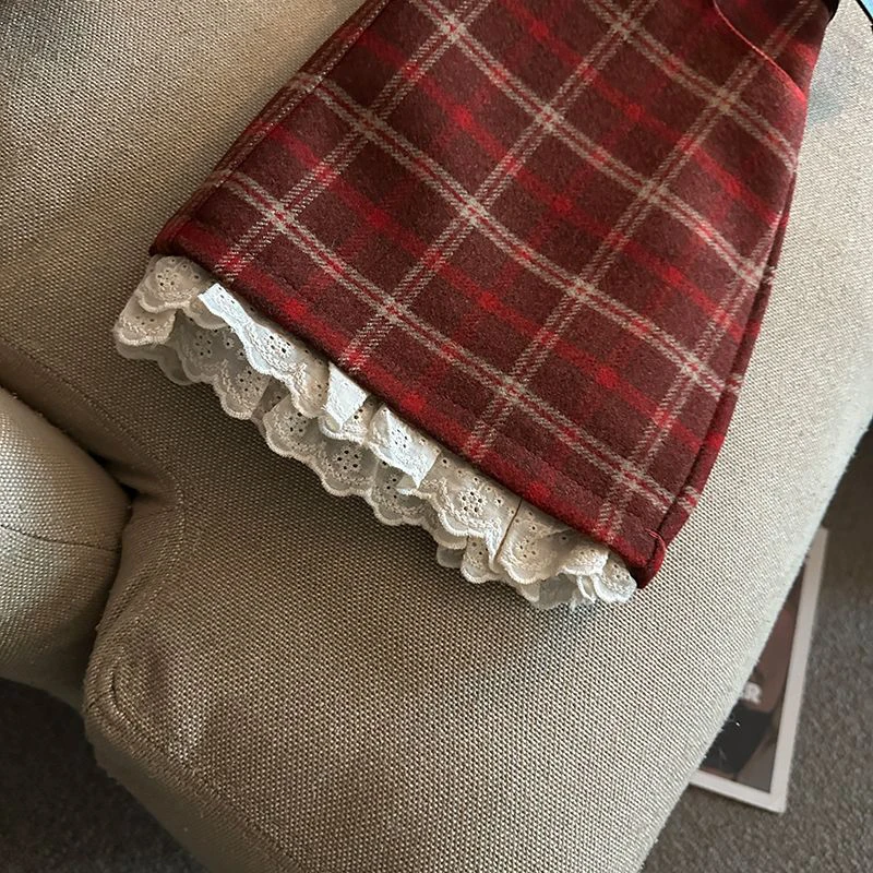 Lace Patchwork Plaid Mini Skirts Women Fall Winter High Waist No Belt Faux Wool Skirts Y2K Fashion Preppy All Match A Line Skirt