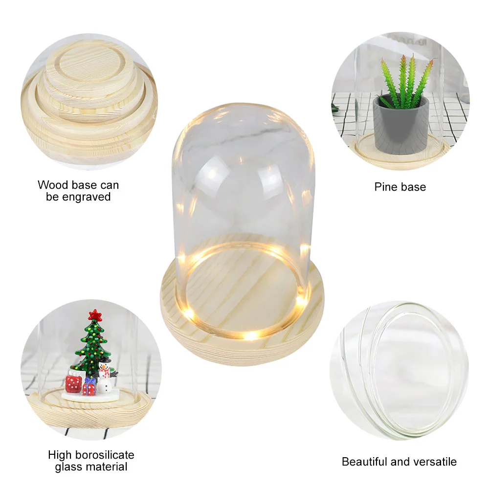 Glass Flower Cover Cloche Bell Jar Dome Wooden Base DIY Everlasting Flower Glass Cover Desktop Ornaments Vases Container Holder 4