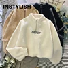 Women Stand Neck Fleece Cropped Hoodies Autumn Letter Embroidery Long Sleeve Drawstring Sweatshirt Elegant Plush Velvet Tops 1