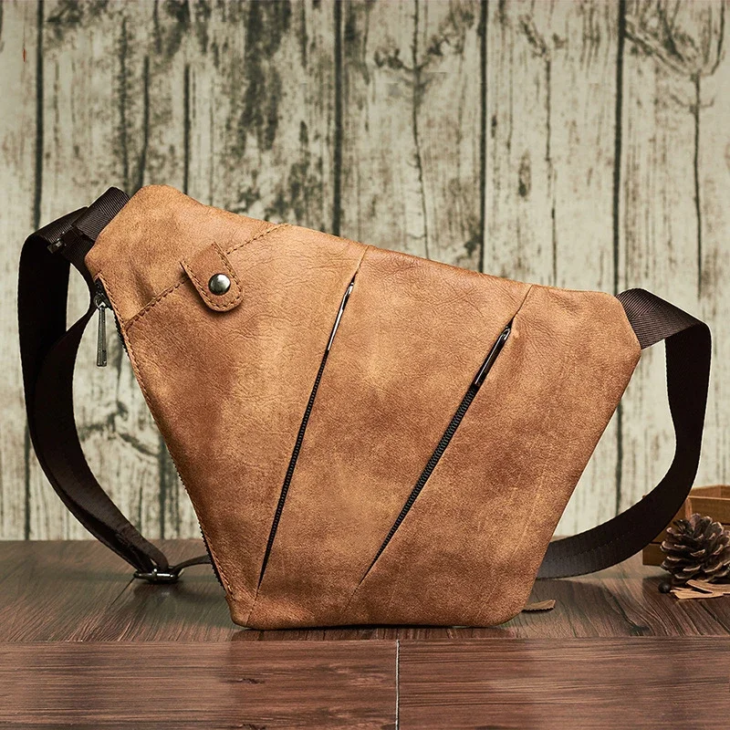 Men's Real Leather Crossbody Chest Bag for Summer Outdoor Sports