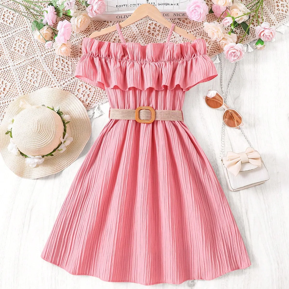 Summer Girl Dress Off Shoulder Fashion Girl Clothes Teenager Beach Dress  with Belt Kid Outfits Children Clothing Plus Size Teens - AliExpress 1501