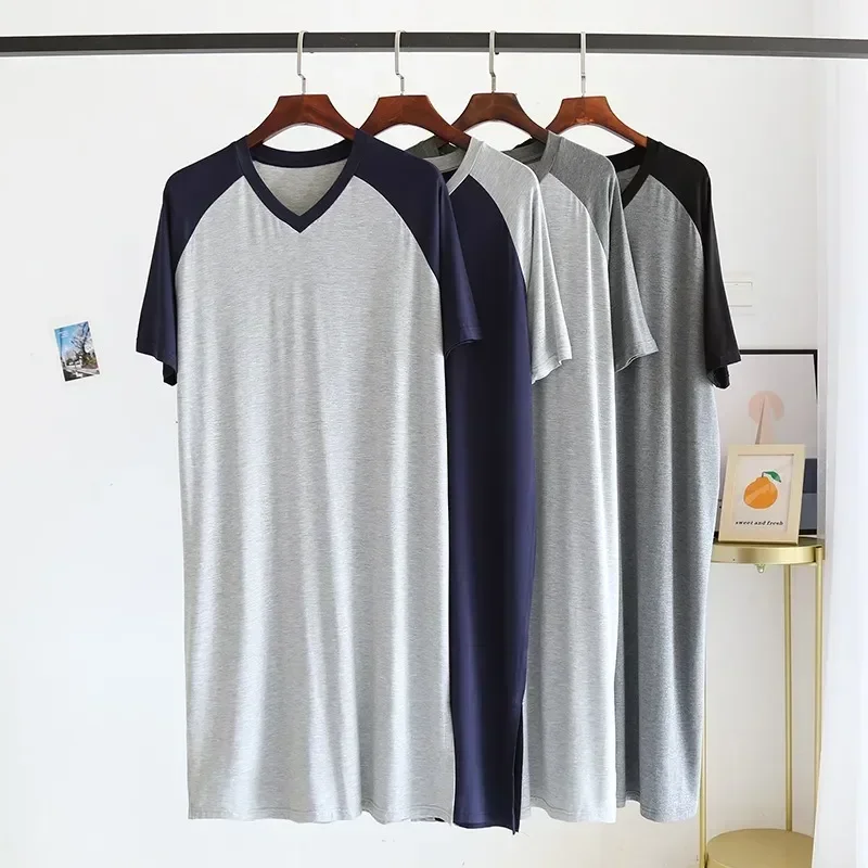 

Size V-neck Modal Summer Mid-length Plus Loungewear Stitching House Robe Men Nightgowns Nightdress Thin for One-piece