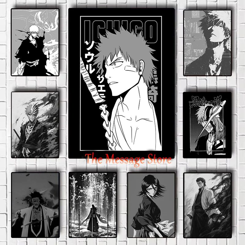 Japanese Manga Bleach Black and White Anime Characters Poster Canvas Print Wall Art