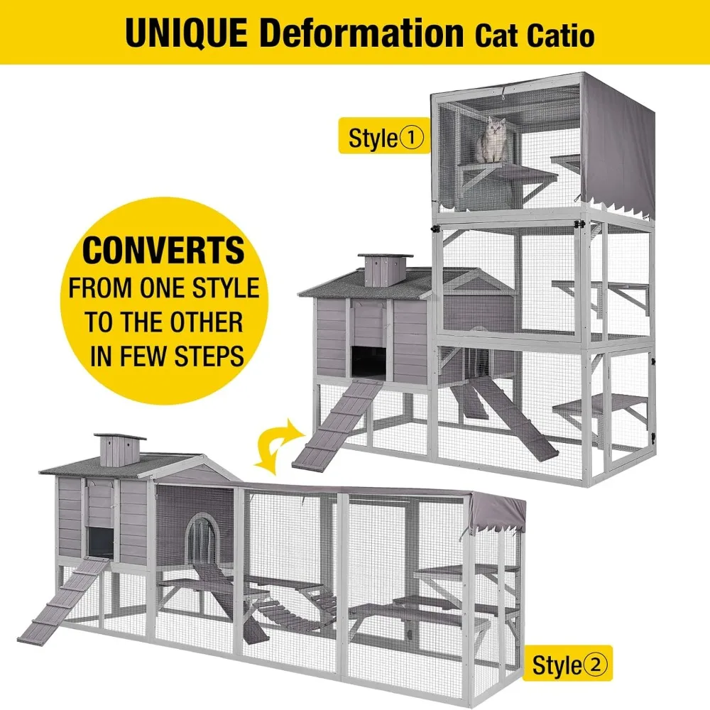 Cat House Catio Outdoor Cat Enclosures, Large Kitty House Condo Playpen with Platforms & Unique Deformation Cats