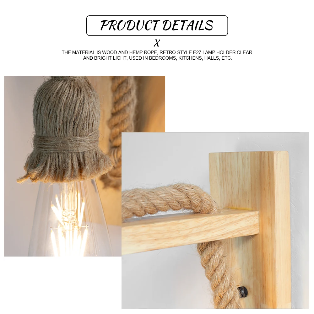 Hemp Rope Wall Lamps 85V-265V Garden Light Retro Wooden Kinkiety Na Sciane Wall Lamps Home Decor Sconse for Living Room