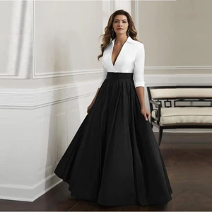 Precioso vestido de cuello alto para madre de la novia, línea A, blanco y negro, Mangas de tres cuartos, vestidos de fiesta de boda con cuello en V 2021