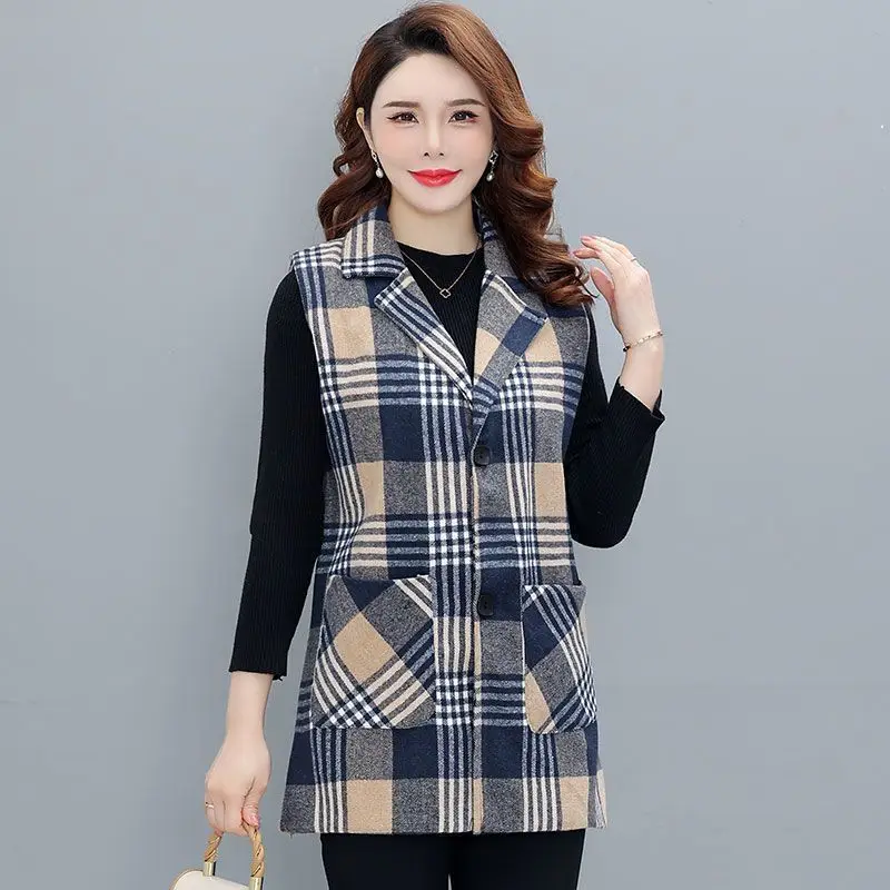 Women Spring and Autumn Fashion New Suit Collar Coat Plaid Button Pockets Splicing Leisure Versatile Mid-length Sleeveless Vest