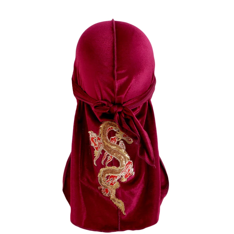 Neue Herren Drachenmuster Samt Durags Bandanas Kopfbedeckung DuRag Turban Hut Stirnband Atmungsaktive Kopfwickel mit extra langem Schwanz – Detail 6
