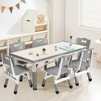 Kids Table and Chairs Set,Toddler Height Adjustable Desk with Graffiti Desktop,Arts & Crafts Table with 6 Seats, Non-Slip Legs 1
