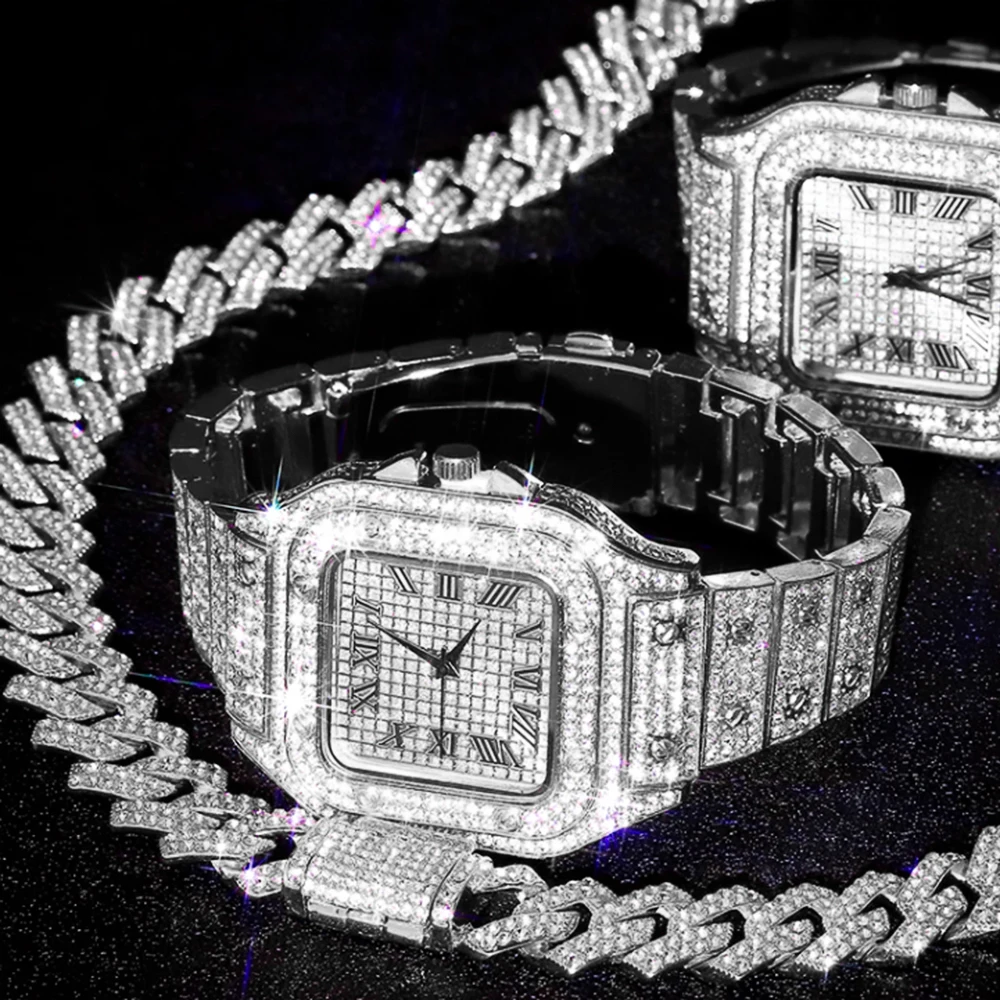 3pcs Men's Watch Set Hip-hop Punk Inlay Diamond Square Watch+Cuban Chain+Bracelet Comes With Strap Adjuster Stylish Jewelry Gift 5
