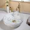KEMAIDI Bathroom Ceramic Vessel Sinks White Round Porcelain Vessel Sink Counter Top Flower Bird Pattern Bowl Sinks for Bathrooms 4