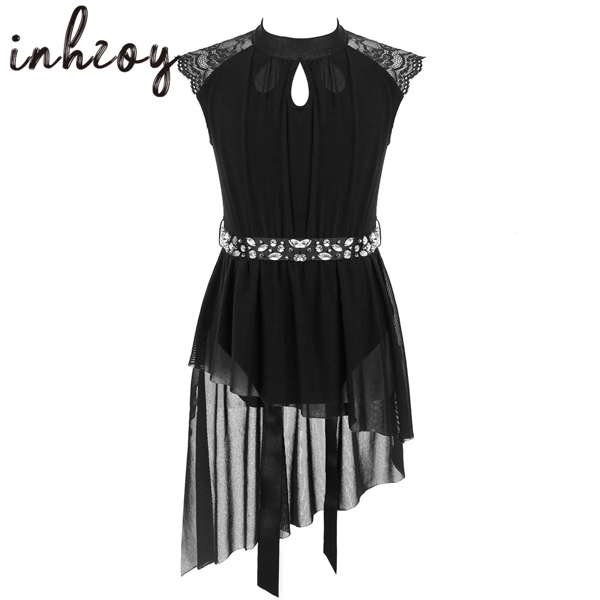 

Lyrical Dance Dress Kid Girls Tulle Rhinestone Hollow Back Asymmetrical Gymnastics Leotard Figure Skating Dress Ballet Dancewear