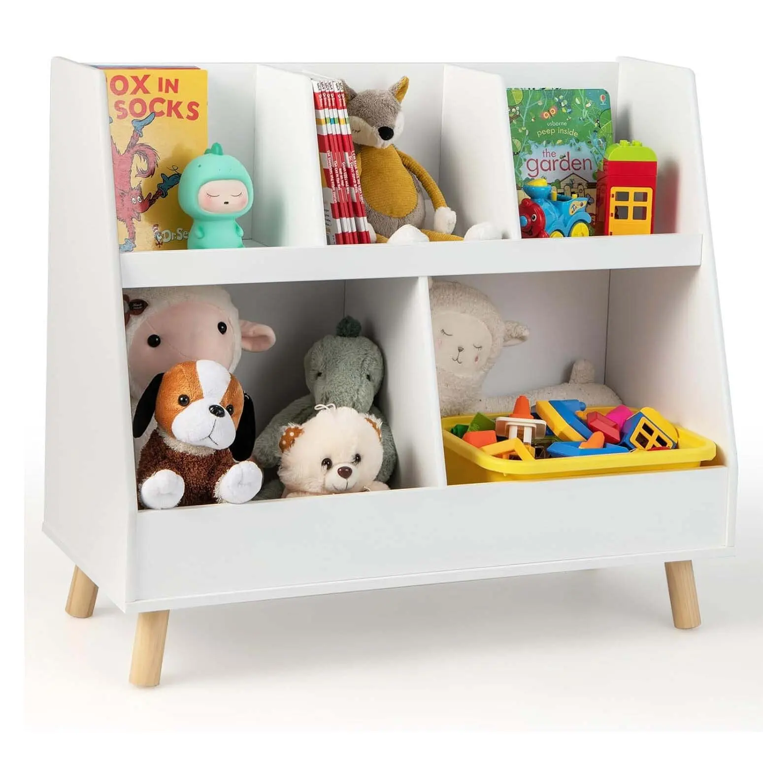 Children's Shelving Unit with 5 Open Compartments, Children's Bookcase with Solid Wood Legs & Tilt Protection，White